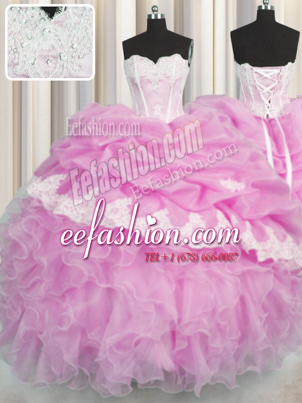 Colorful Floor Length Pink Sweet 16 Quinceanera Dress Organza Sleeveless Beading and Appliques and Ruffles and Pick Ups
