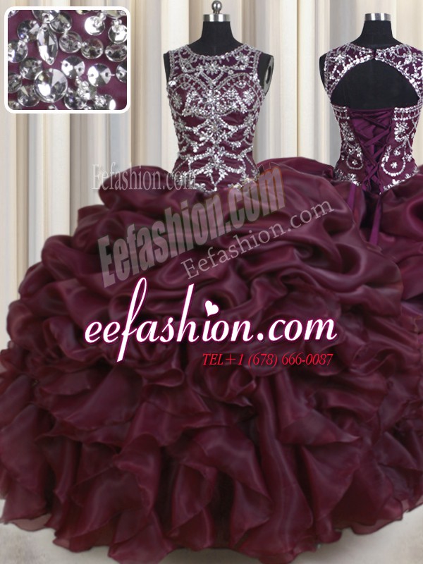 Luxurious See Through Scoop Sleeveless Organza Sweet 16 Quinceanera Dress Beading and Pick Ups Lace Up