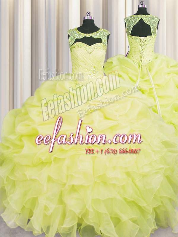 Fitting Pick Ups Floor Length Yellow Quinceanera Gown Scoop Sleeveless Lace Up
