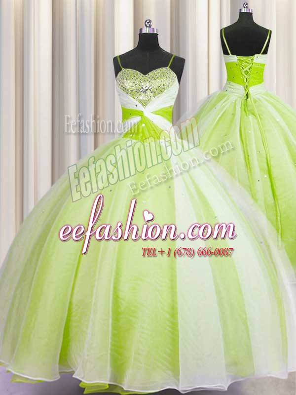 Organza Spaghetti Straps Sleeveless Lace Up Beading and Ruching Sweet 16 Dress in Yellow Green