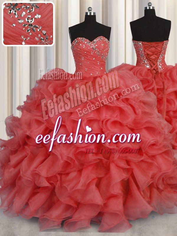  Coral Red Sweetheart Lace Up Beading and Ruffles Sweet 16 Quinceanera Dress Sleeveless