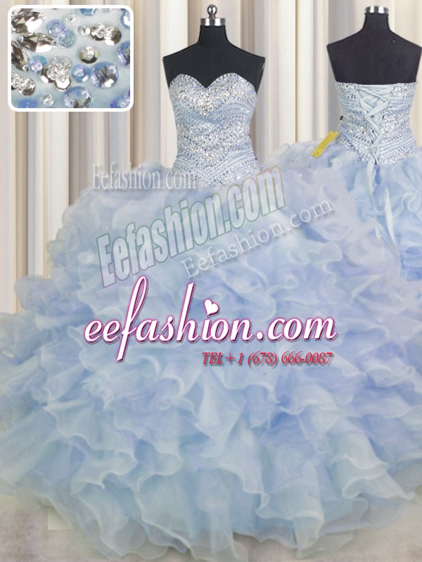 Designer Beading and Ruffles 15th Birthday Dress Light Blue Lace Up Sleeveless Floor Length