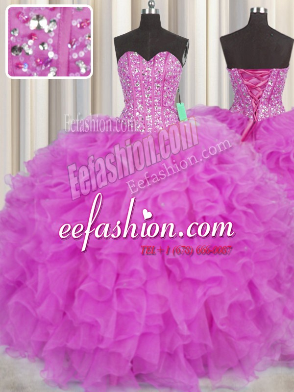 Affordable Visible Boning Fuchsia Ball Gowns Sweetheart Sleeveless Organza Floor Length Lace Up Beading and Ruffles Quinceanera Gown