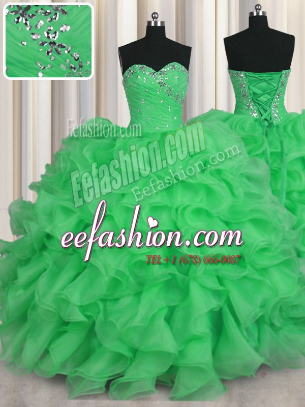 Nice Green Ball Gowns Sweetheart Sleeveless Organza Floor Length Lace Up Beading and Ruffles Quinceanera Gowns