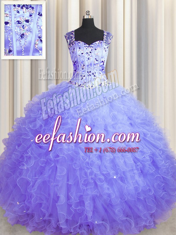  See Through Zipper Up Ball Gowns 15 Quinceanera Dress Lavender Square Tulle Sleeveless Floor Length Zipper