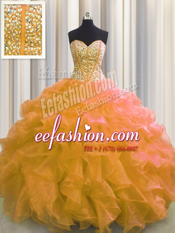 Hot Sale Visible Boning Orange Ball Gowns Organza Sweetheart Sleeveless Beading and Ruffles Floor Length Lace Up Vestidos de Quinceanera