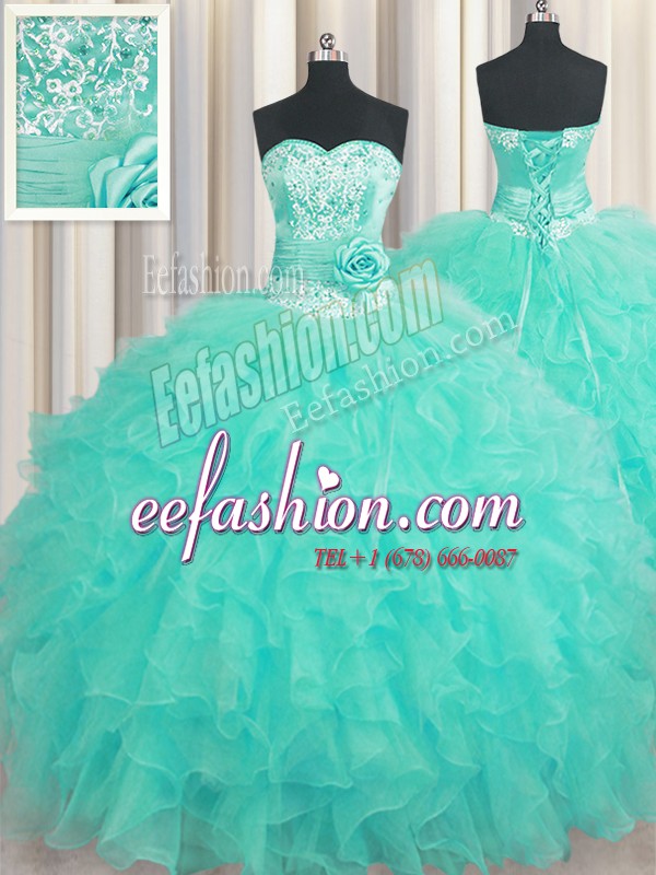 Sexy Handcrafted Flower Aqua Blue Lace Up Sweetheart Beading and Ruffles and Hand Made Flower Quinceanera Dresses Organza Sleeveless