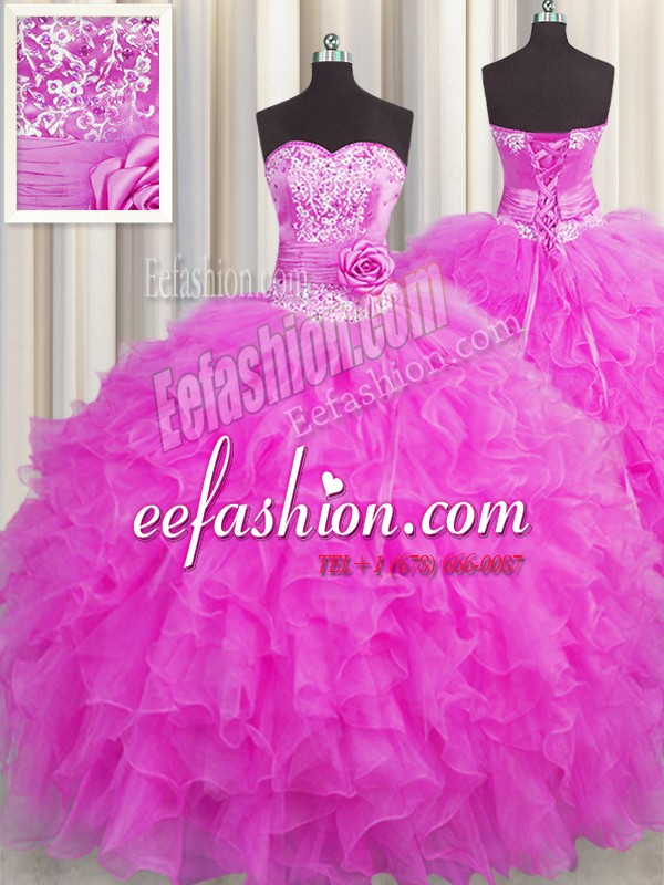 Fantastic Handcrafted Flower Fuchsia Sweetheart Lace Up Beading and Ruffles and Hand Made Flower Quinceanera Gowns Sleeveless