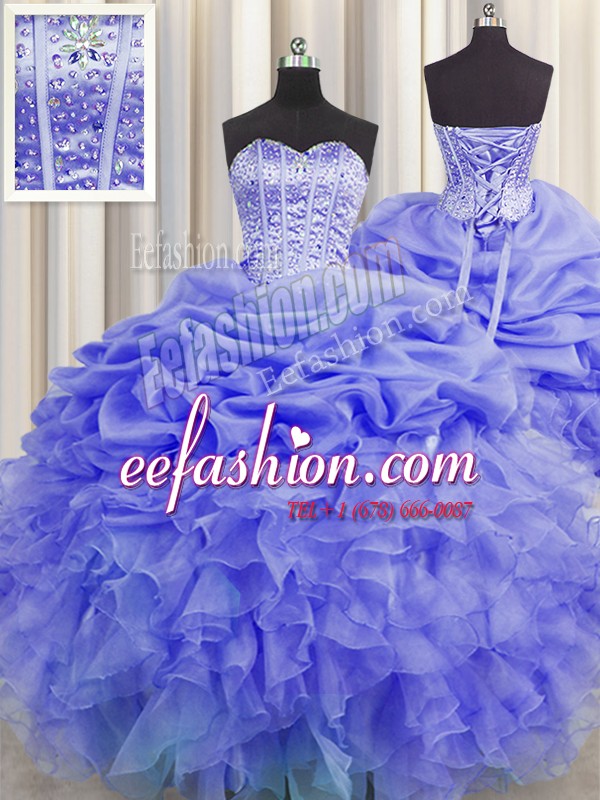Suitable Visible Boning Sleeveless Floor Length Beading and Ruffles and Pick Ups Lace Up Quinceanera Gowns with Purple