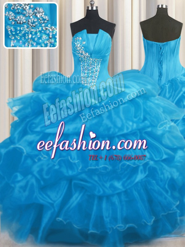  Baby Blue Organza Lace Up Strapless Sleeveless Floor Length Quinceanera Gown Beading and Ruffles and Pick Ups