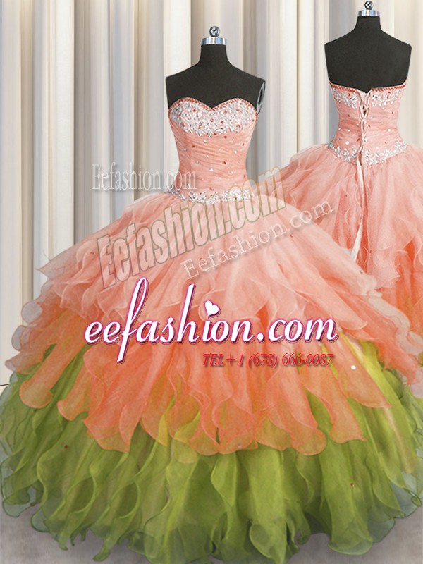 Beauteous Sleeveless Organza Floor Length Lace Up Sweet 16 Dress in Multi-color with Beading and Ruffles and Ruffled Layers and Sequins