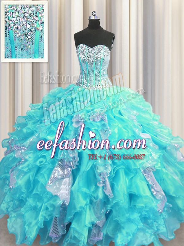 Inexpensive Visible Boning Beading and Ruffles and Sequins 15th Birthday Dress Aqua Blue Lace Up Sleeveless Floor Length