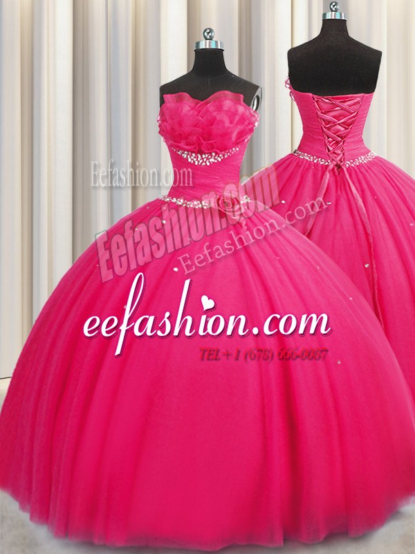 Luxury Handcrafted Flower Floor Length Hot Pink Sweet 16 Dresses Strapless Sleeveless Lace Up
