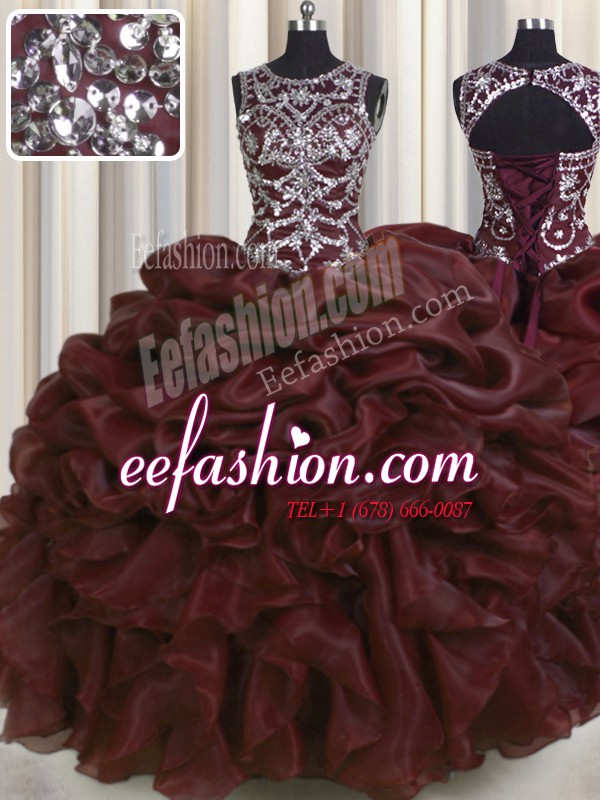  See Through Burgundy Lace Up Vestidos de Quinceanera Beading and Pick Ups Sleeveless Floor Length