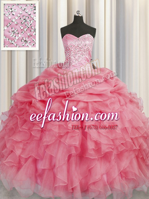 Eye-catching Coral Red Sleeveless Organza Lace Up Sweet 16 Dresses for Military Ball and Sweet 16