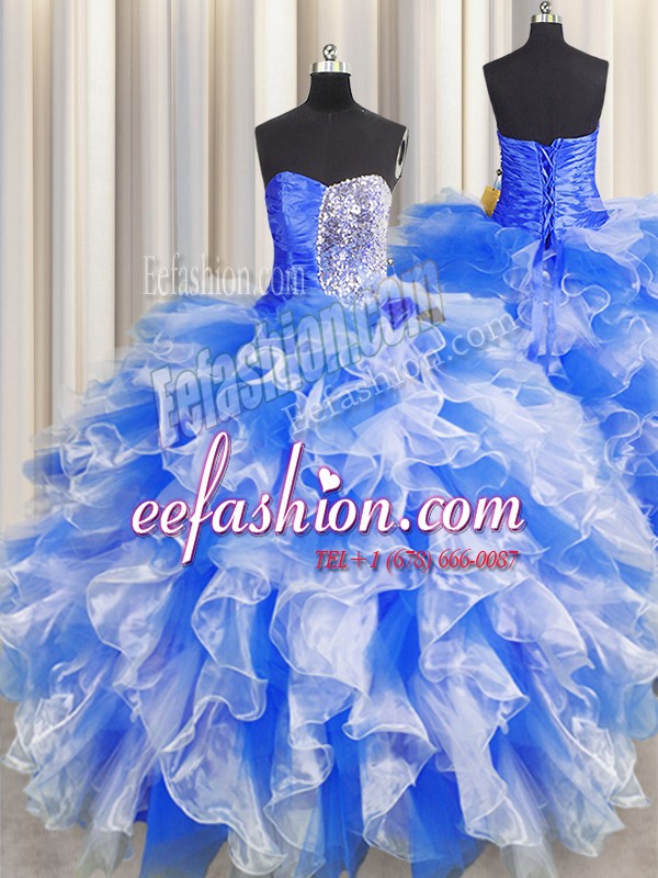 Blue And White Ball Gowns Beading and Ruffles and Ruching Quinceanera Gowns Lace Up Organza Sleeveless Floor Length