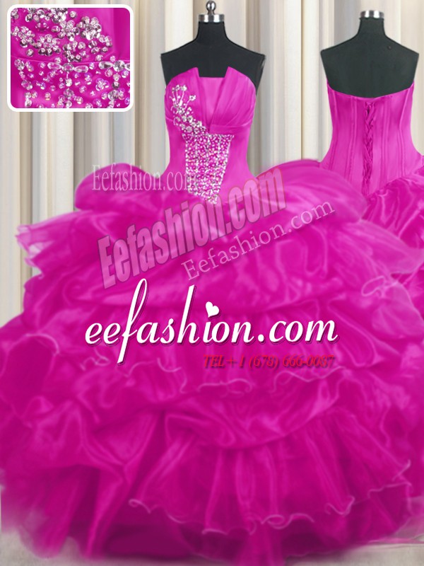 Low Price Floor Length Lace Up Vestidos de Quinceanera Hot Pink and Fuchsia for Military Ball and Sweet 16 and Quinceanera with Beading and Ruffled Layers and Pick Ups