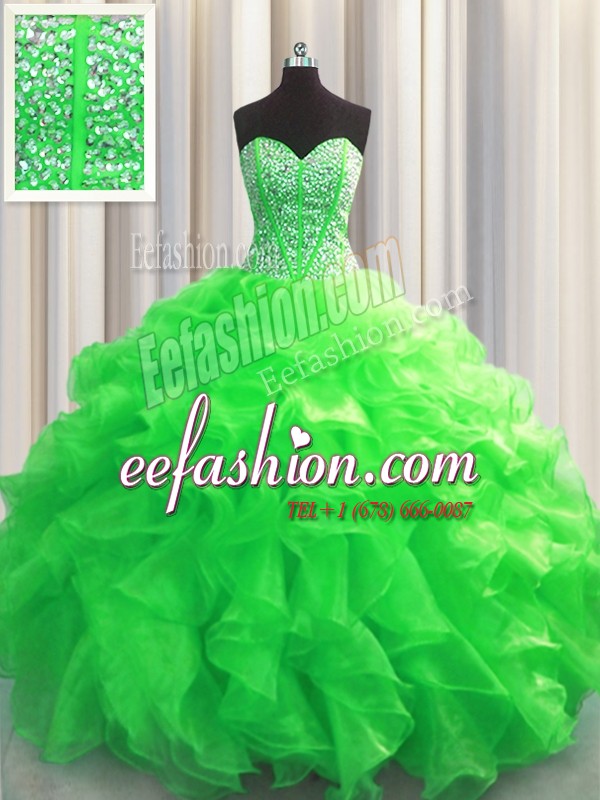 Visible Boning Floor Length Ball Gowns Sleeveless Green Quince Ball Gowns Lace Up