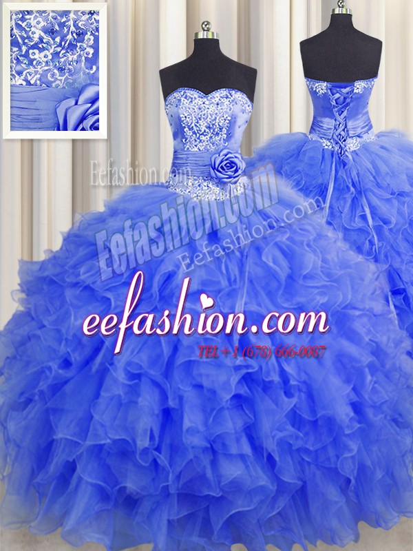 Handcrafted Flower Royal Blue Organza Lace Up Sweetheart Sleeveless Floor Length Vestidos de Quinceanera Beading and Ruffles and Hand Made Flower