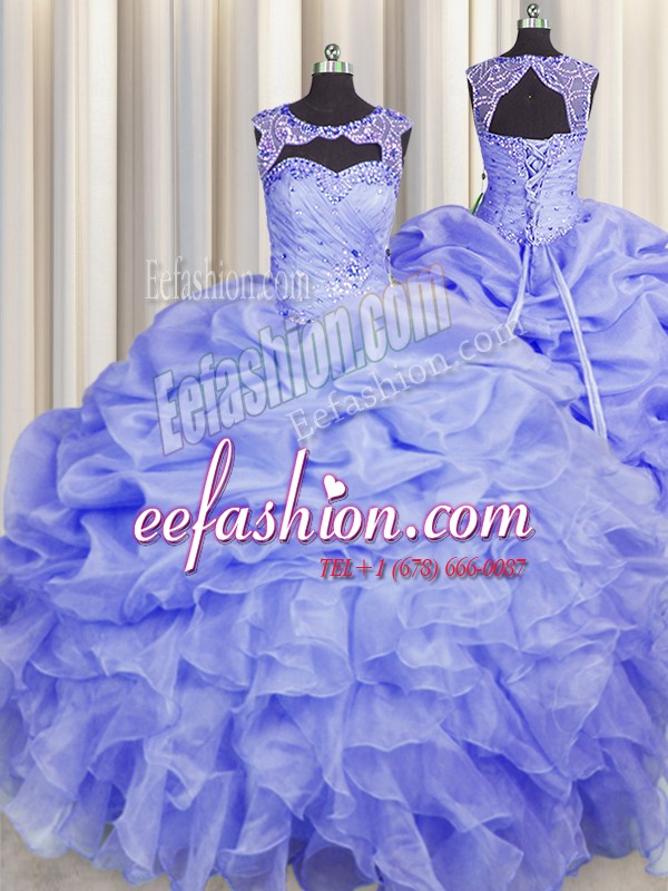 Luxury Scoop Sleeveless 15 Quinceanera Dress Floor Length Beading and Pick Ups Blue Organza