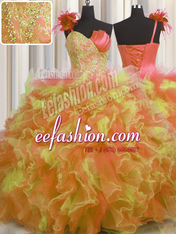 Delicate One Shoulder Handcrafted Flower Floor Length Ball Gowns Sleeveless Multi-color Quinceanera Gowns Lace Up