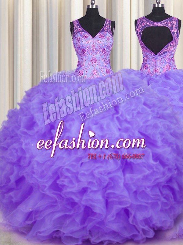 Stunning Ball Gowns Quinceanera Dresses Lavender V-neck Organza Sleeveless Floor Length Backless