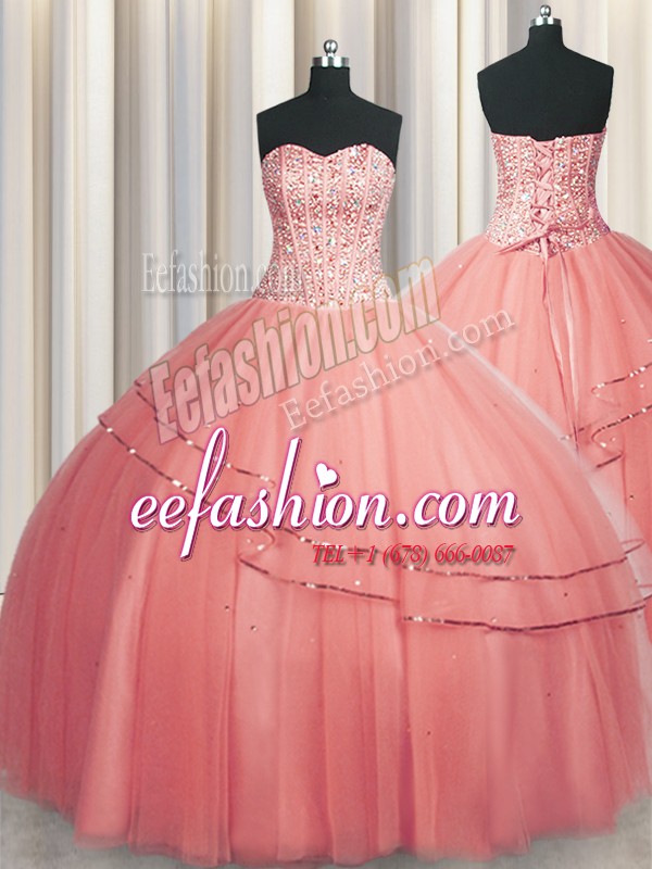 Cute Visible Boning Puffy Skirt Sweetheart Sleeveless Quince Ball Gowns Floor Length Beading Watermelon Red Tulle