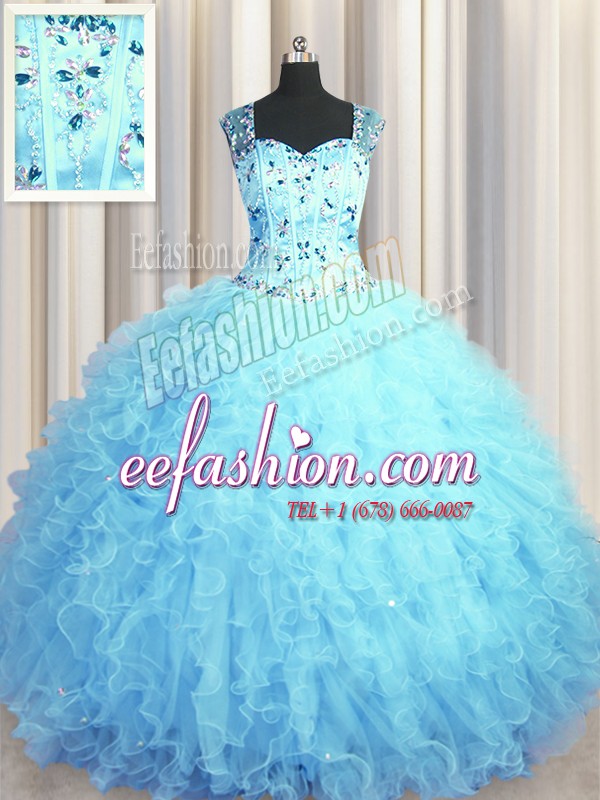  See Through Zipper Up Floor Length Baby Blue Quinceanera Gowns Tulle Sleeveless Beading and Ruffles