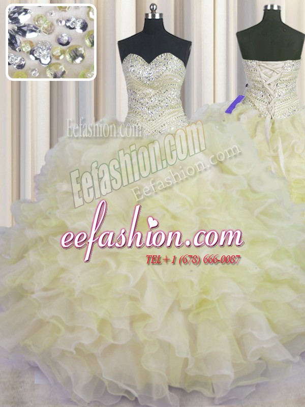  Light Yellow Organza Lace Up 15 Quinceanera Dress Sleeveless Floor Length Beading and Ruffles