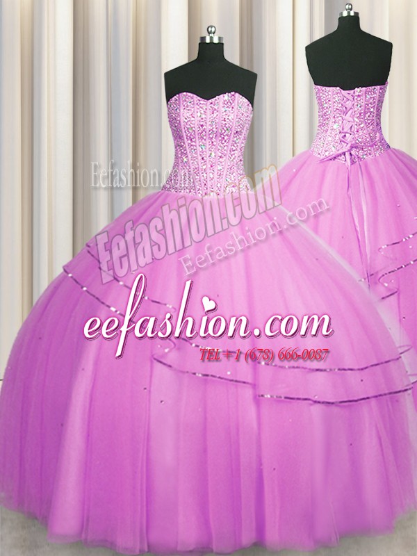  Visible Boning Really Puffy Lilac Ball Gowns Sweetheart Sleeveless Tulle Floor Length Lace Up Beading Sweet 16 Dress