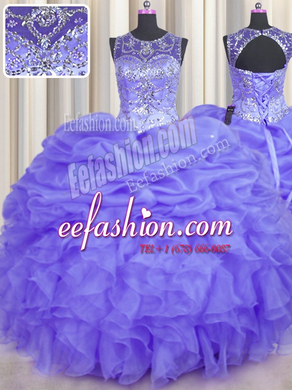 See Through Ball Gowns Vestidos de Quinceanera Lavender Scoop Organza Sleeveless Floor Length Lace Up