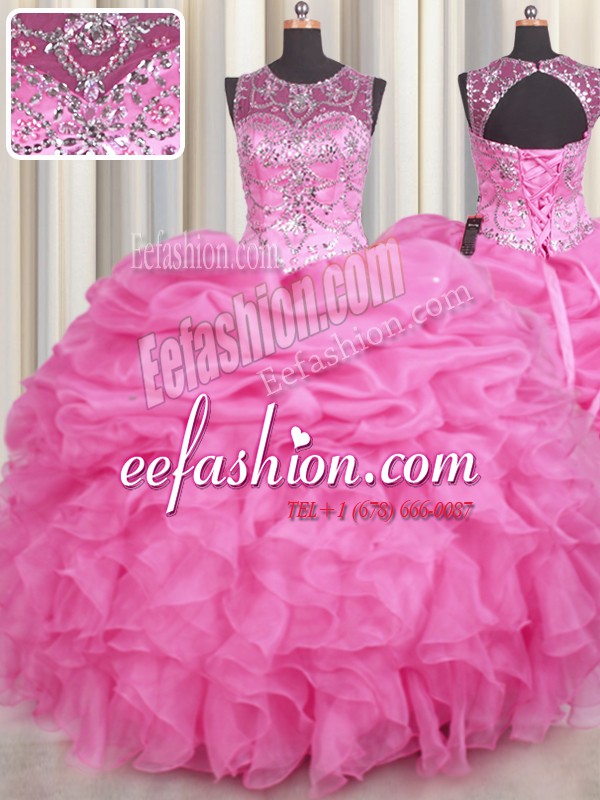 Extravagant Scoop See Through Organza Sleeveless Floor Length Quinceanera Dress and Beading and Ruffles and Pick Ups
