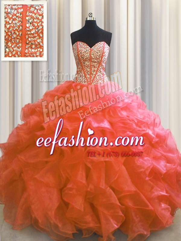 Charming Visible Boning Floor Length Red Sweet 16 Dress Organza Sleeveless Beading and Ruffles
