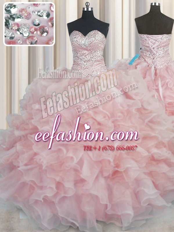 Romantic Bling-bling Sweetheart Sleeveless Quince Ball Gowns Floor Length Beading and Ruffles Pink Organza