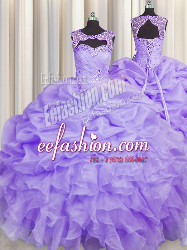 Shining Scoop Lavender Sleeveless Beading and Pick Ups Floor Length 15th Birthday Dress