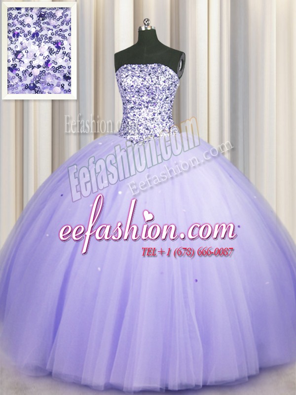  Puffy Skirt Lavender Sleeveless Floor Length Beading and Sequins Lace Up Quinceanera Gowns
