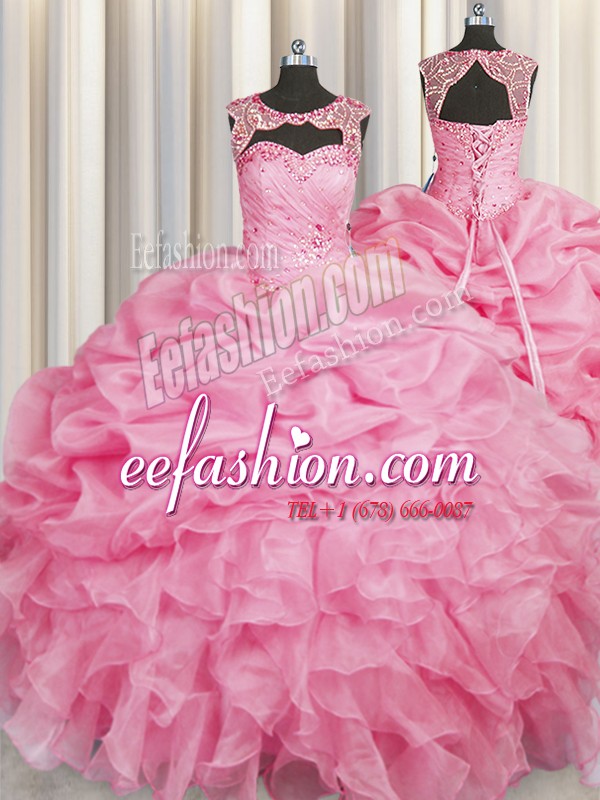  Scoop Rose Pink Sleeveless Beading and Pick Ups Floor Length Sweet 16 Dresses