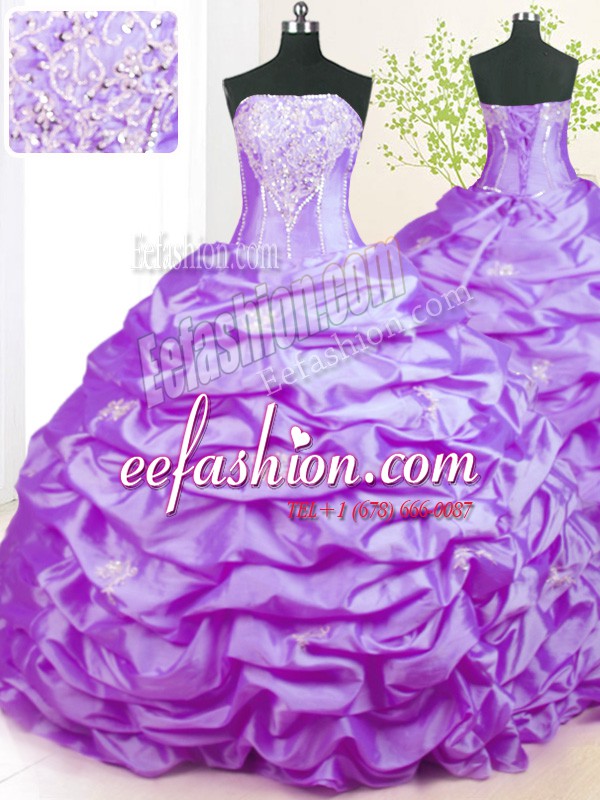 New Style Lavender Taffeta Lace Up Sweet 16 Dress Sleeveless With Train Sweep Train Beading