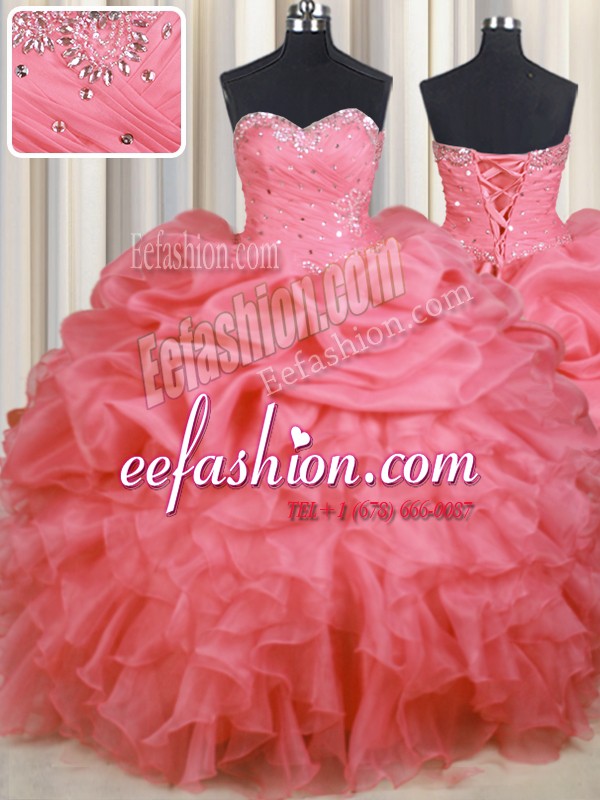 Glittering Watermelon Red Organza Lace Up Ball Gown Prom Dress Sleeveless Floor Length Beading and Ruffles and Ruching and Pick Ups