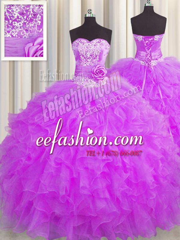 Pretty Handcrafted Flower Organza Sleeveless Floor Length 15 Quinceanera Dress and Beading and Ruffles and Hand Made Flower