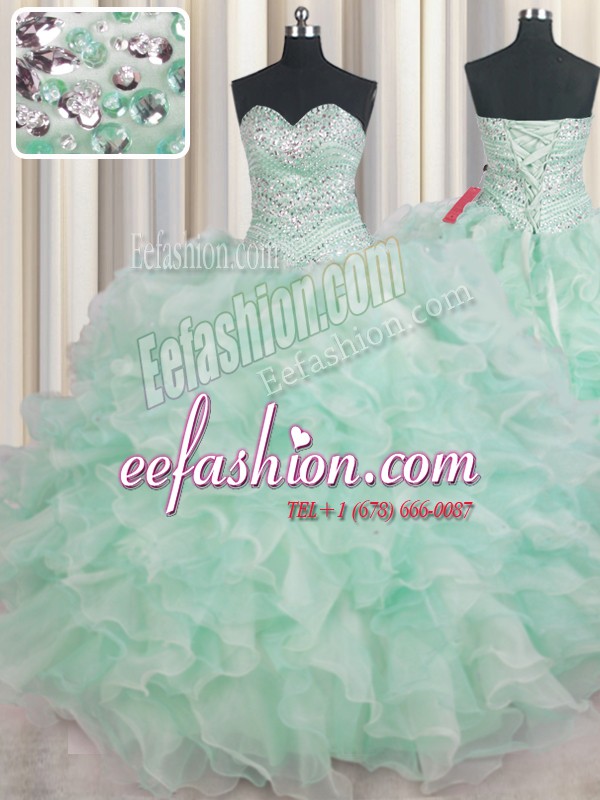 Beautiful Apple Green Sweetheart Lace Up Beading and Ruffles Quinceanera Gown Sleeveless