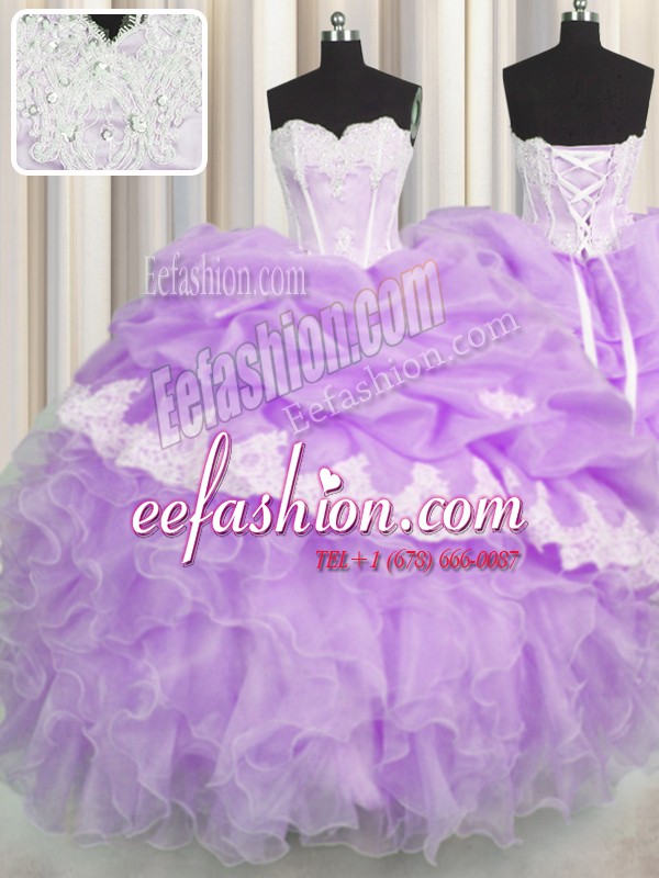 Fancy Lilac Sleeveless Beading and Appliques and Ruffles and Pick Ups Floor Length Quinceanera Dress