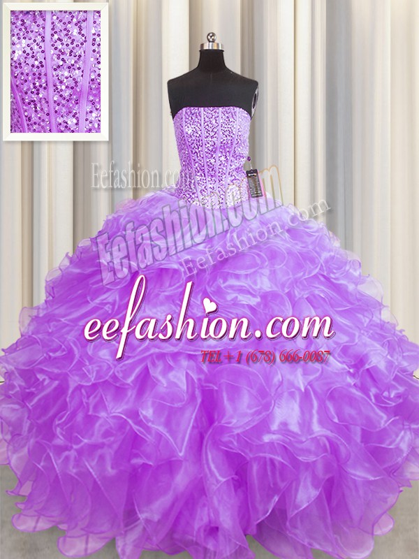 High Quality Visible Boning Strapless Sleeveless Lace Up Vestidos de Quinceanera Lilac Organza