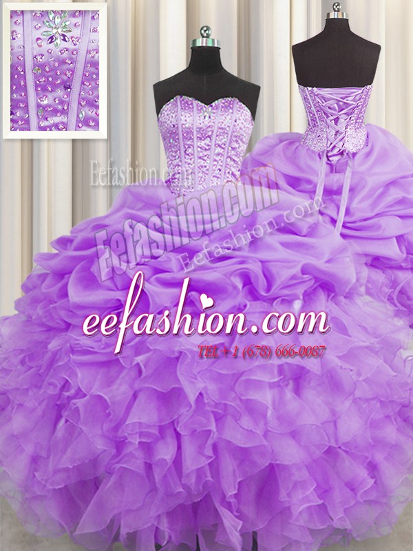 Pretty Visible Boning Lilac Ball Gowns Organza Sweetheart Sleeveless Beading and Ruffles and Pick Ups Floor Length Lace Up Vestidos de Quinceanera
