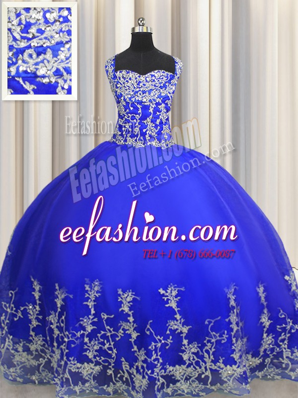 Unique Halter Top Floor Length Royal Blue Sweet 16 Quinceanera Dress Organza Sleeveless Beading and Appliques