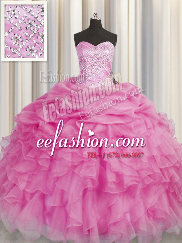  Sleeveless Floor Length Beading and Ruffles Lace Up Quinceanera Dress with Rose Pink