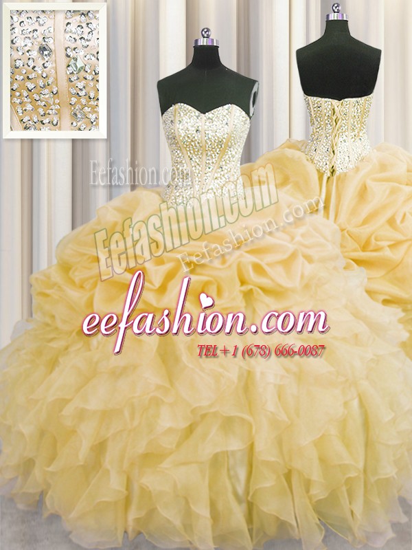 Sweet Visible Boning Organza Sleeveless Floor Length Quince Ball Gowns and Beading and Ruffles
