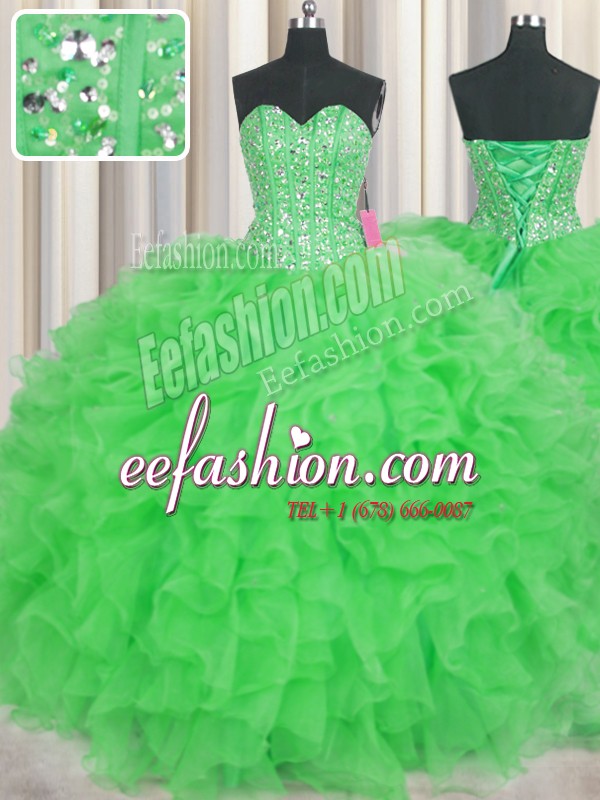 Hot Sale Visible Boning Green Ball Gowns Beading and Ruffles Quinceanera Dress Lace Up Organza Sleeveless Floor Length