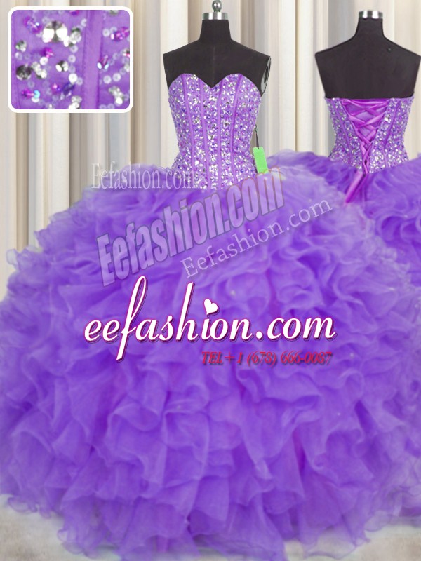 Lovely Visible Boning Purple Organza Lace Up Sweetheart Sleeveless Floor Length Ball Gown Prom Dress Lace and Ruffles and Sashes ribbons