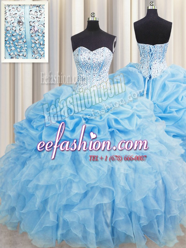 Visible Boning Baby Blue Ball Gown Prom Dress Military Ball and Sweet 16 and Quinceanera and For with Beading and Ruffles and Pick Ups Sweetheart Sleeveless Lace Up